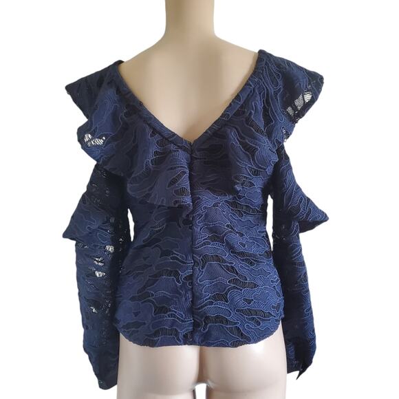 Self-Portrait Navy Guipure Lace Ruffled Cold Shoulder Blouse (US 2) - Picture 3 of 8